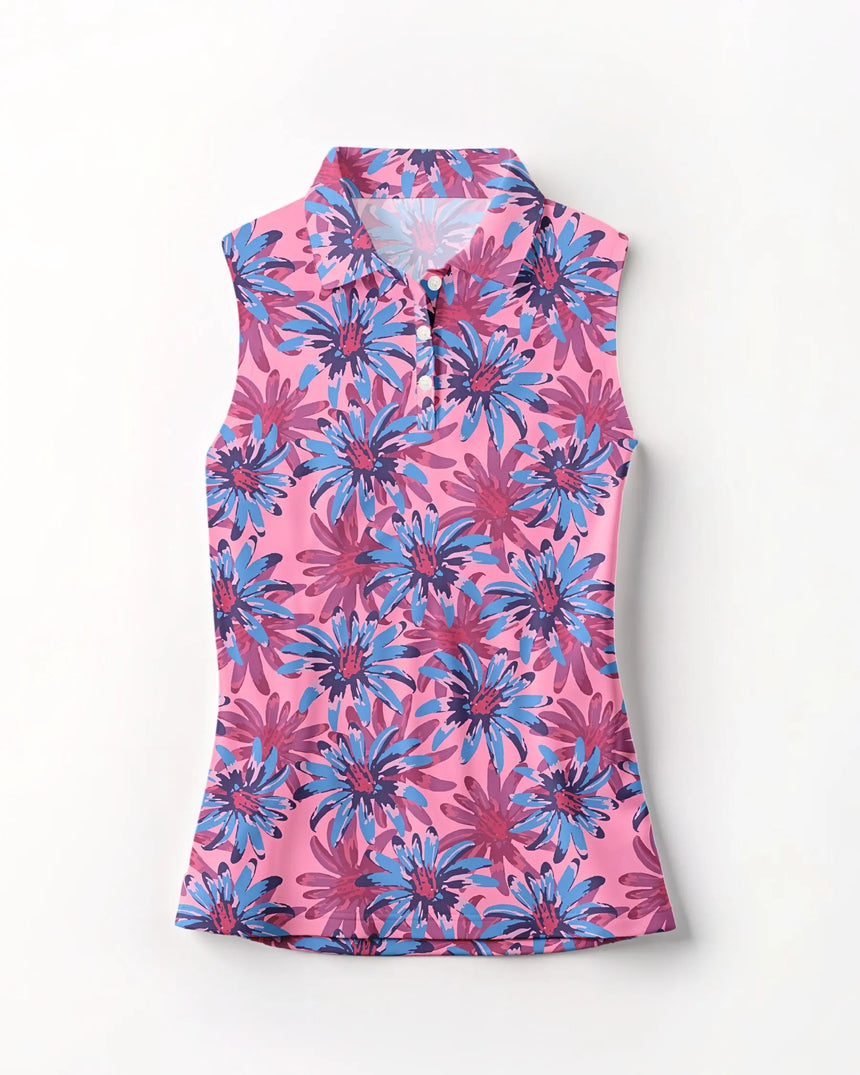 women's sleeveless golf polo in Tropical Bloomscape print - front view