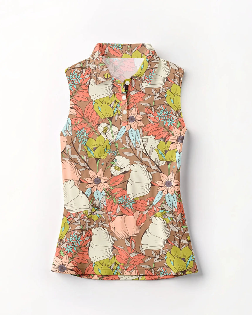 women's sleeveless golf polo in Vintage Garden print - front view
