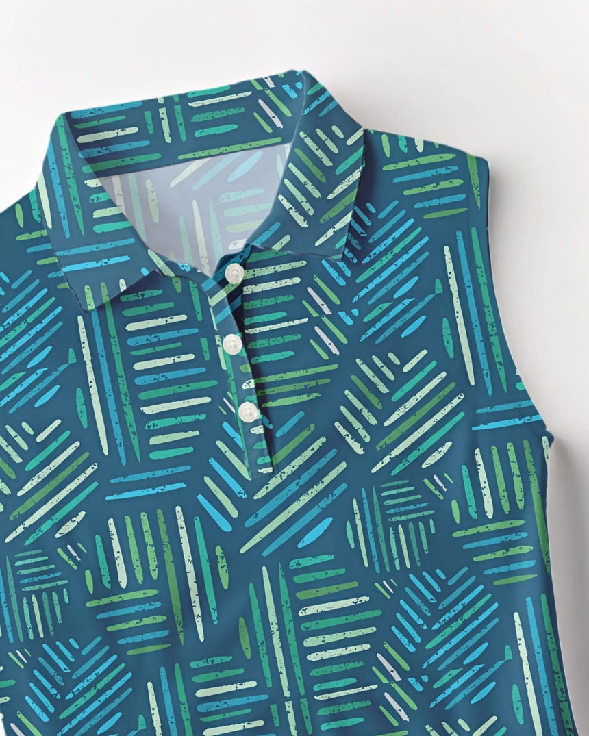 women's sleeveless golf polo in Wild Fairways print - fabric closeup front view