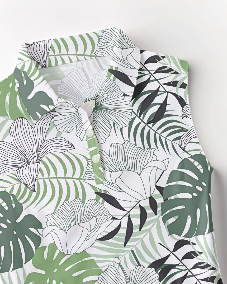 women's sleeveless golf polo in Zen Greens print - fabric closeup front view