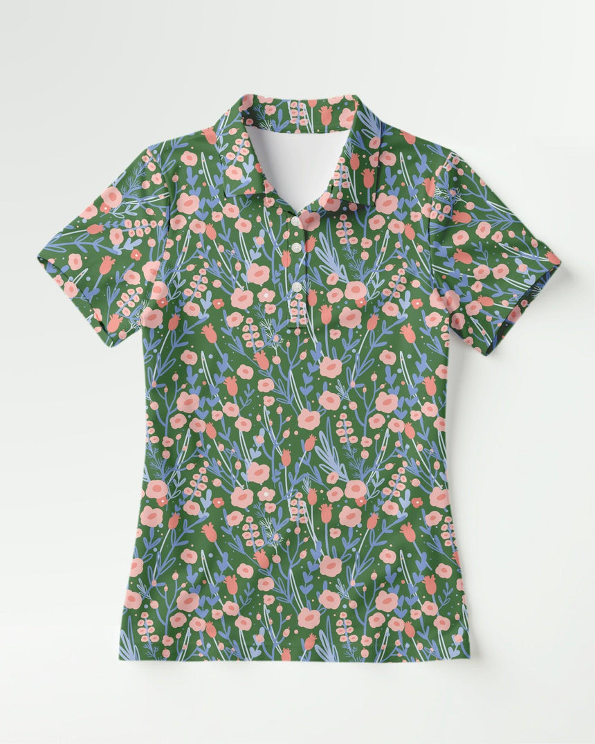 Short-sleeve polo shirt with floral print on a white background