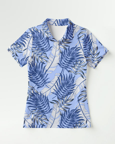 Blue tropical print short-sleeve women's golf polo on a light background