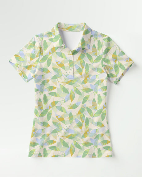 Short-sleeve polo shirt with a colorful leaf pattern on a white background