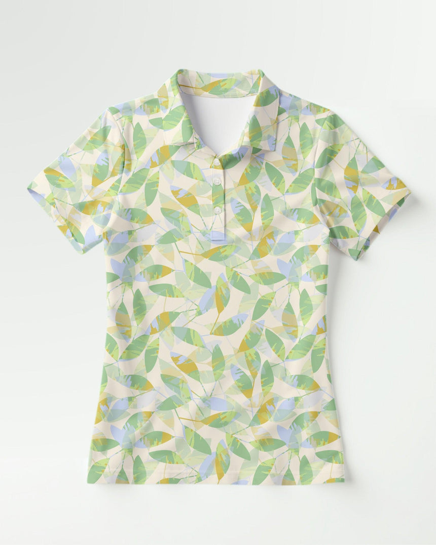 Short-sleeve polo shirt with a colorful leaf pattern on a white background
