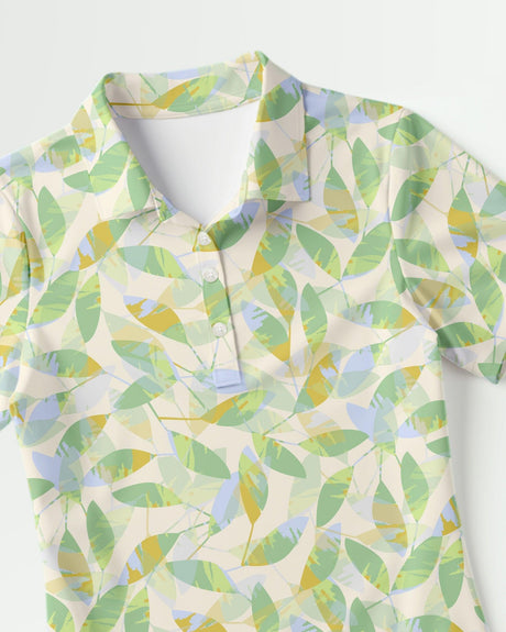 Short-sleeve golf polo with a leaf pattern on a white background