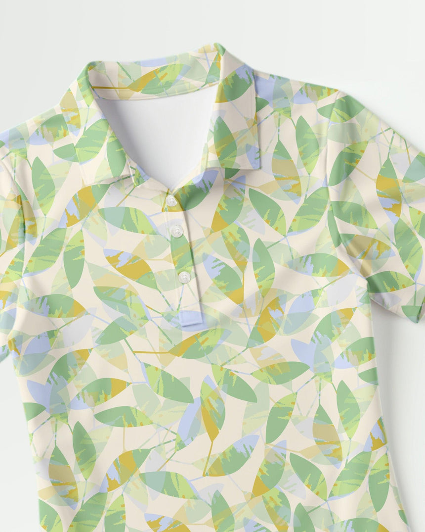 Short-sleeve golf polo with a leaf pattern on a white background