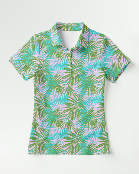 Pink and green short-sleeve golf polo shirt with a tropical leaf pattern on a white background
