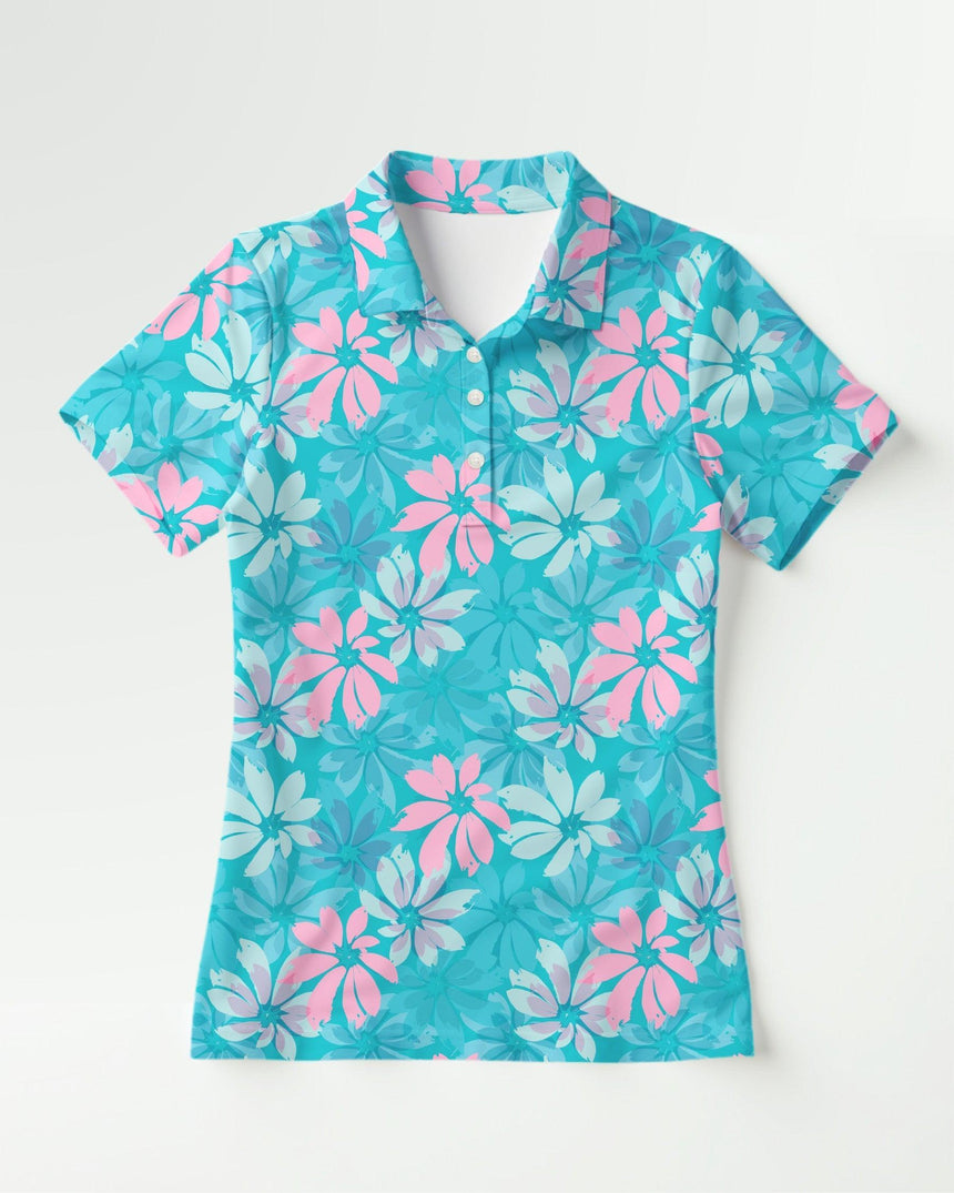Short-sleeve women's golf polo with pink floral pattern on a white background