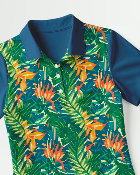 Blue shirt with a tropical leaf pattern on a white background