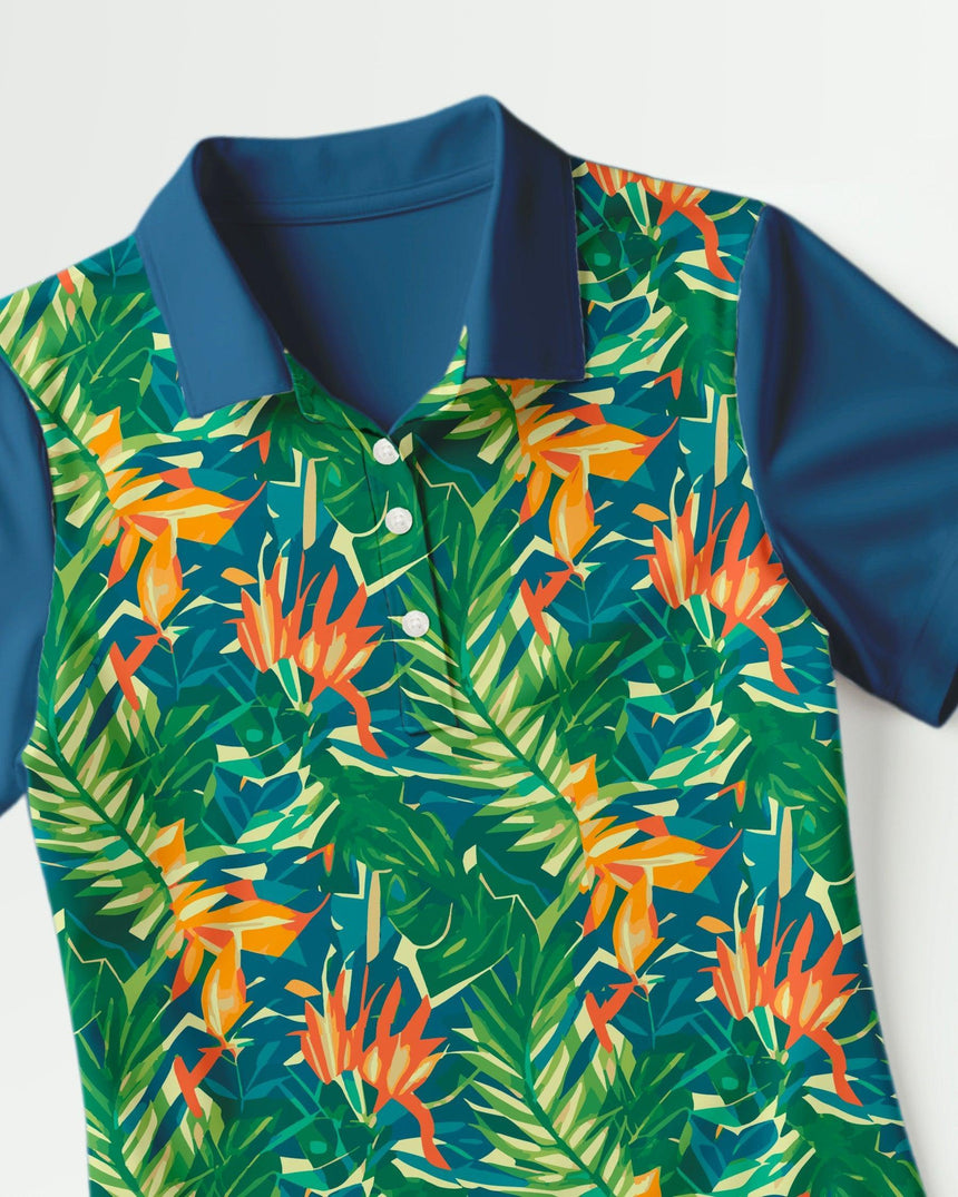 Blue shirt with a tropical leaf pattern on a white background
