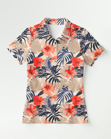 Tropical floral patterned golf shirt on a white background