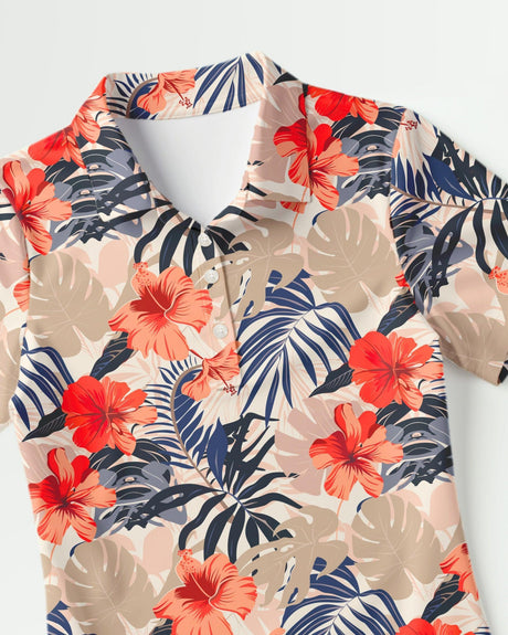 Hawaiian golf polo shirt with tropical floral pattern on a white background