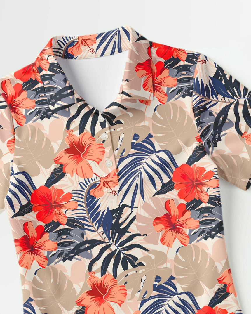 Hawaiian golf polo shirt with tropical floral pattern on a white background