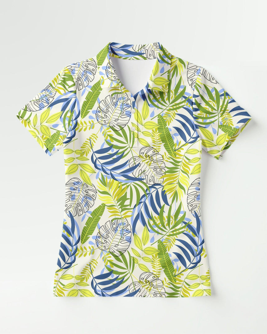 Short-sleeve golf shirt with tropical leaf pattern on a white background