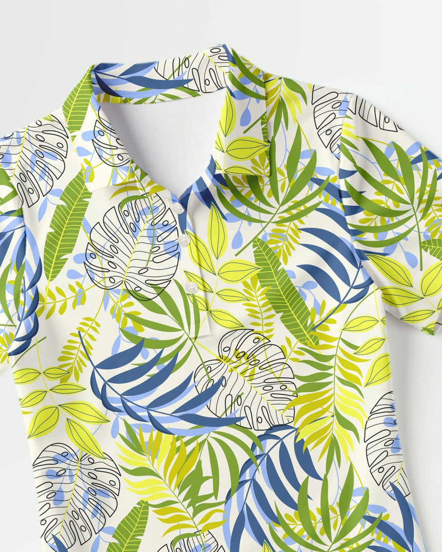 Hawaiian polo shirt with tropical leaf pattern on a white background