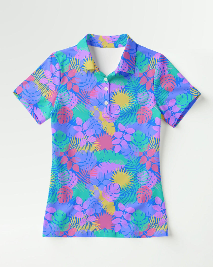 Colorful tropical patterned golf shirt on a white background
