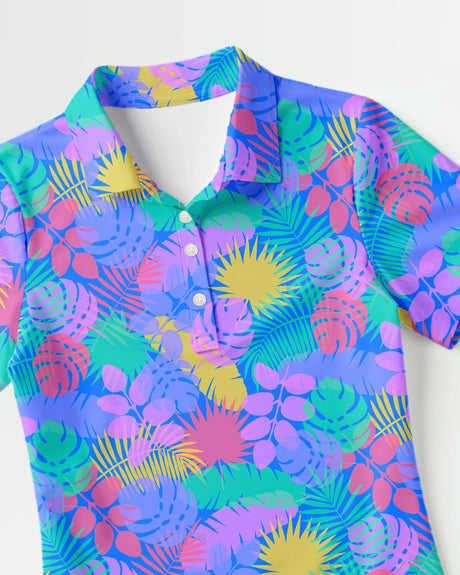 Colorful tropical print golf polo shirt on a white background