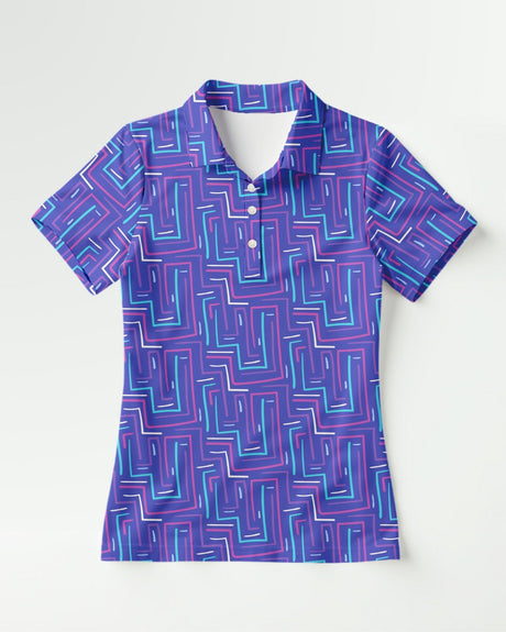 Purple geometric patterned polo shirt on a white background