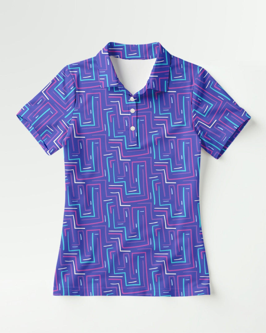 Purple geometric patterned polo shirt on a white background