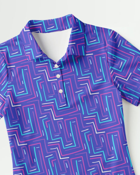 Short-sleeve polo shirt with a geometric pattern on a white background