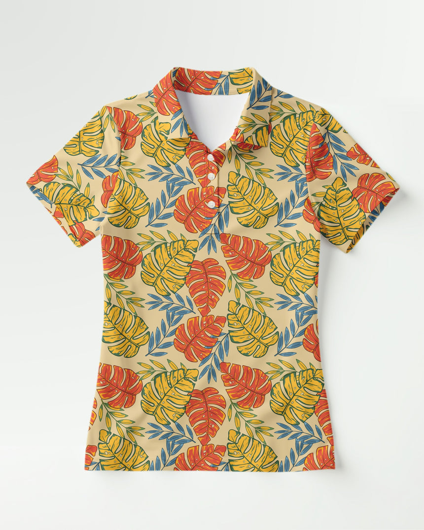 Short-sleeve shirt with tropical leaf pattern on a white background