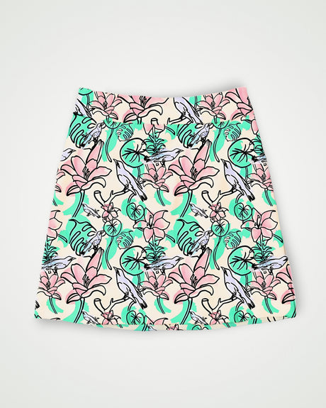 Golf Skirt with floral and birdie pattern on a white background