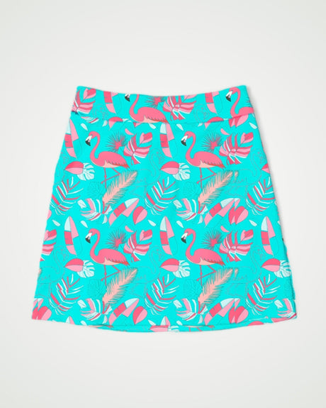 Skirt with flamingo and leaf pattern on a turquoise background