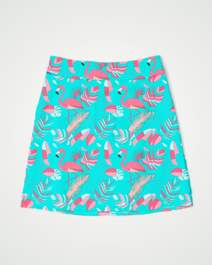 Skirt with flamingo and leaf pattern on a turquoise background
