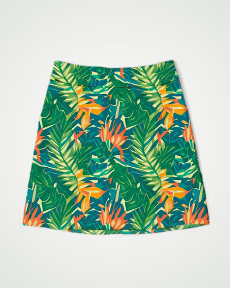 Tropical leaf print golf skirt on a white background