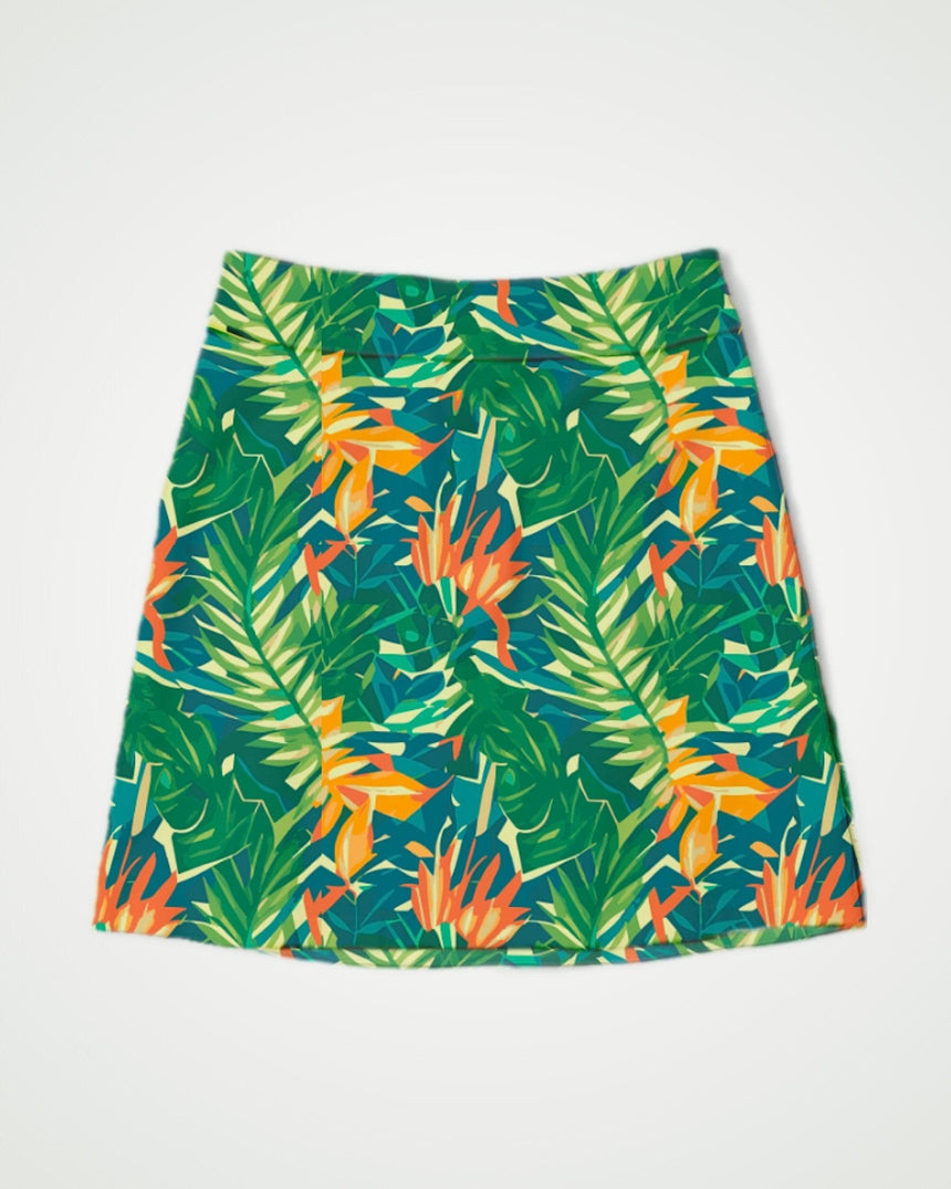 Tropical leaf print golf skirt on a white background