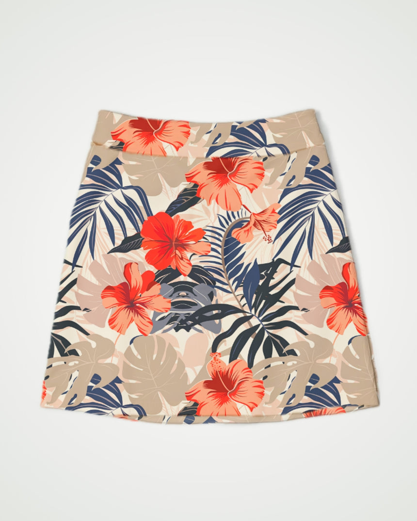 Golf skirt with tropical floral pattern on a plain background
