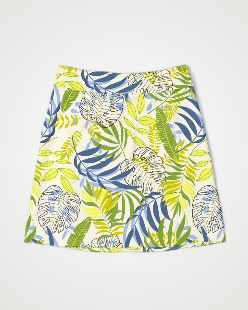 Golf skirt with tropical leaf pattern on a white background