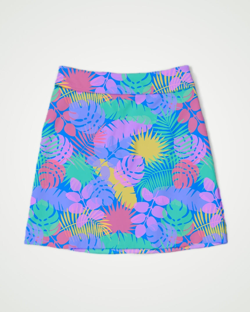 Colorful patterned golf skort on a white background
