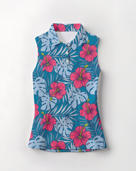 Blue sleeveless golf shirt with pink floral and leaf pattern on a white background