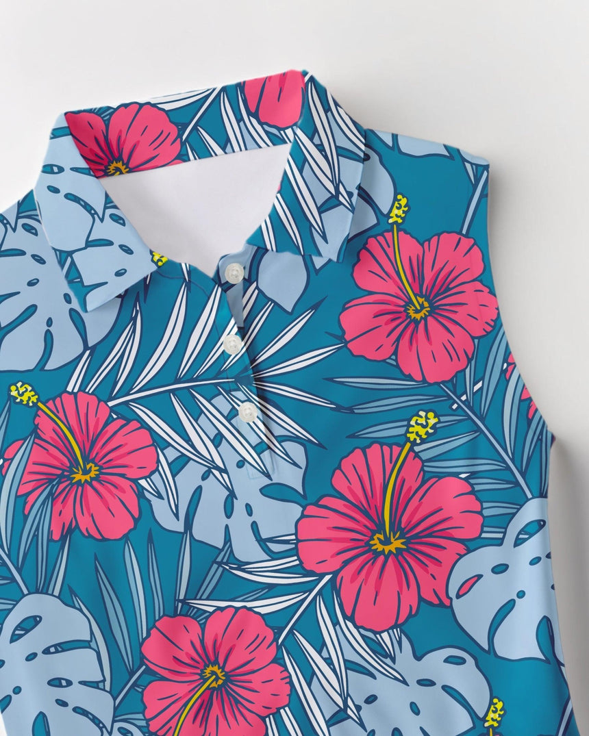 Hawaiian golf polo shirt with pink floral and blue leaf pattern on a white background