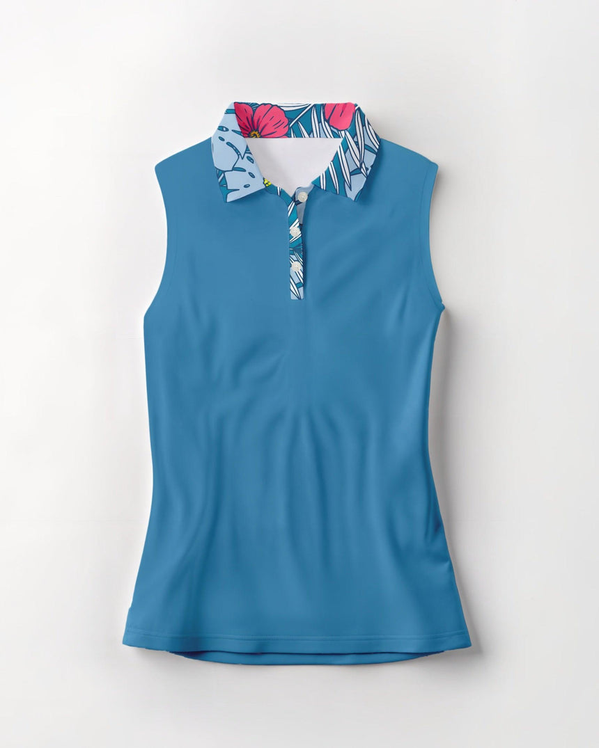 Blue sleeveless polo with a colorful collar on a white background