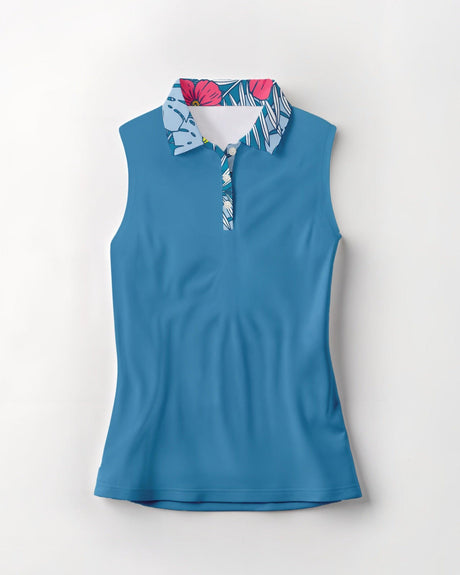 Blue sleeveless golf polo with a colorful collar on a white background