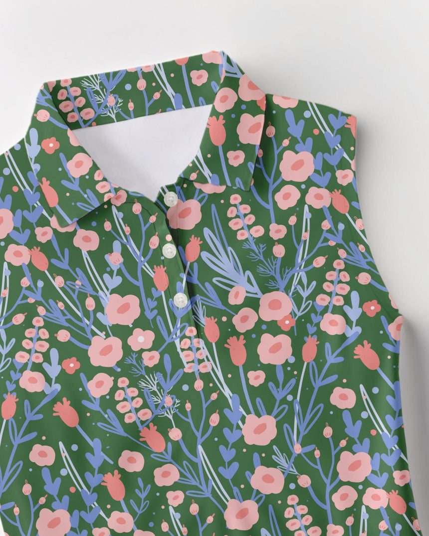 Green and pink floral pattern golf shirt on a white background