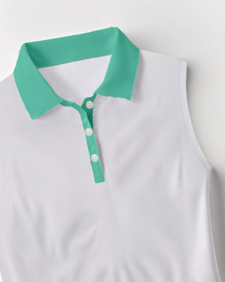 White sleeveless top with a green collar on a light gray background