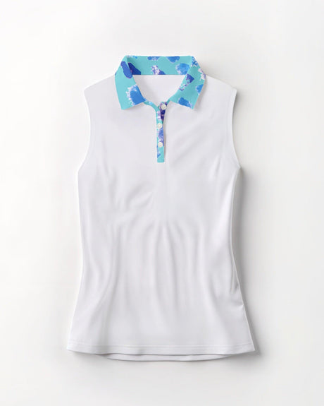 White sleeveless polo shirt with a colorful collar on a white background