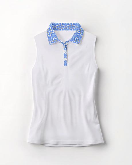 White sleeveless golf shirt with blue floral collar on a white background