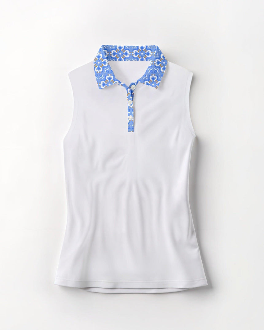 White sleeveless golf shirt with blue floral collar on a white background