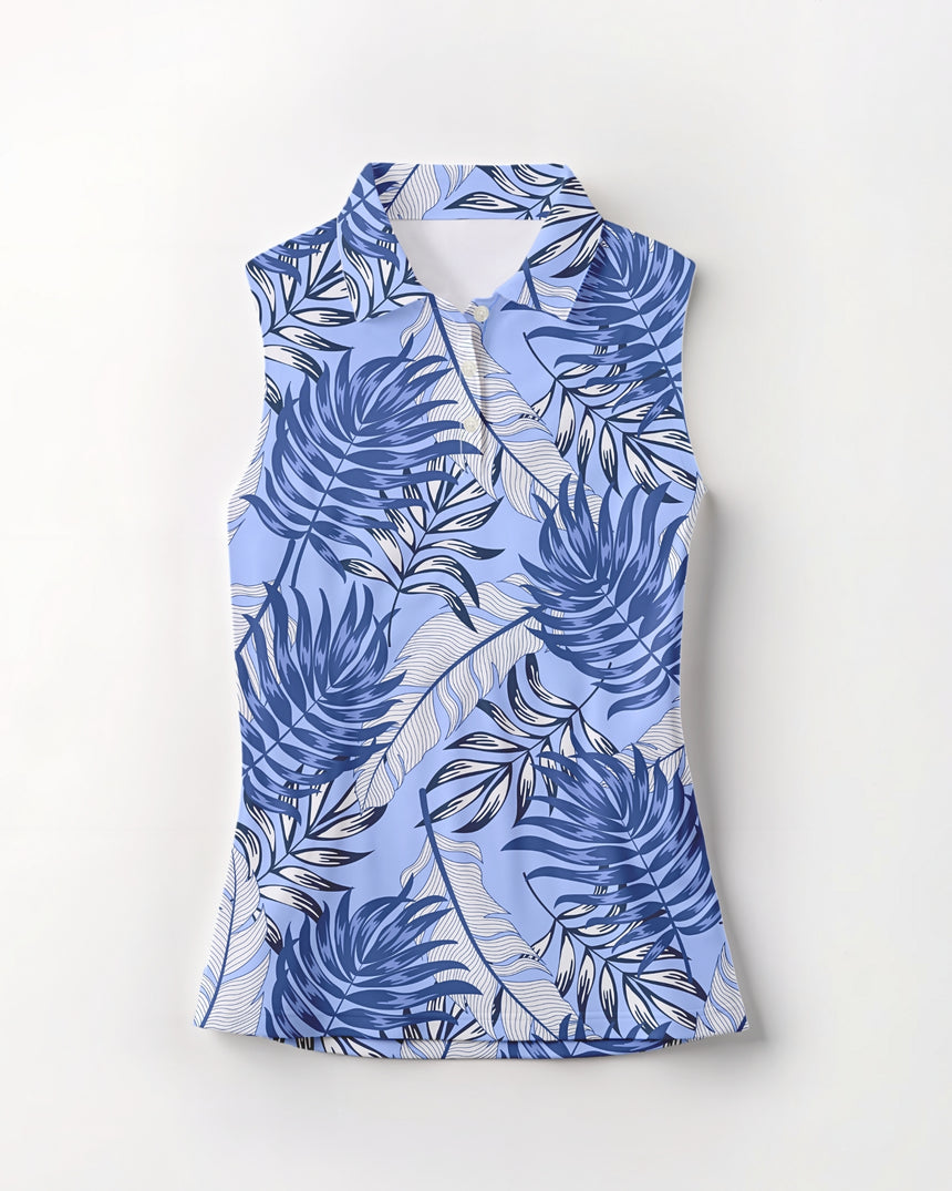 Blue leaf-patterned sleeveless golf polo shirt on a white background