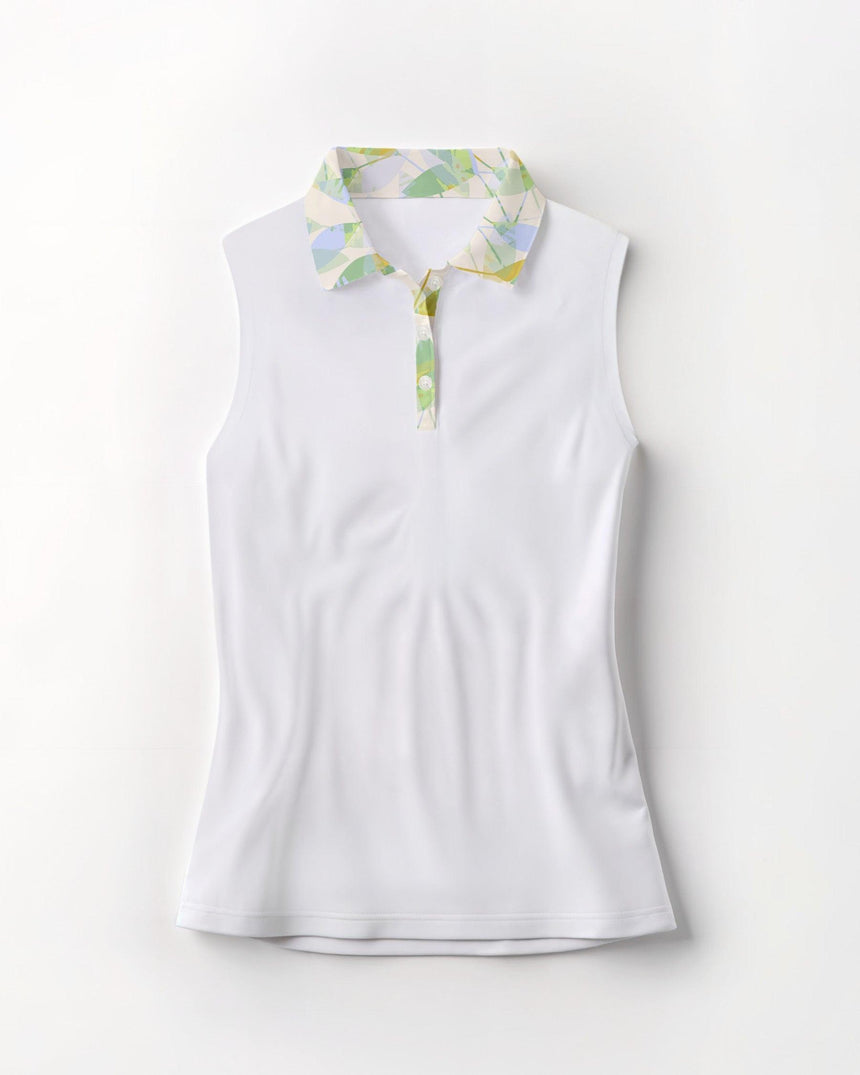 White sleeveless golf polo shirt with a colorful collar on a white background