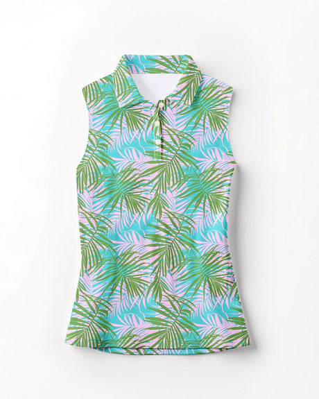 Sleeveless golf polo with tropical leaf pattern on a white background