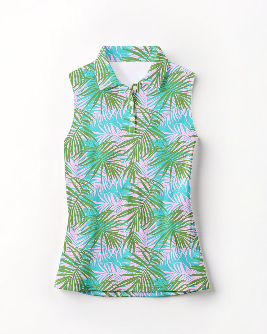 Sleeveless golf polo with tropical leaf pattern on a white background