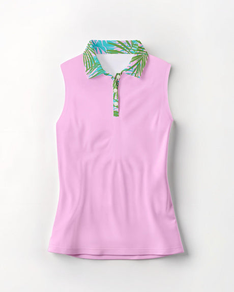 Pink sleeveless polo shirt with green and blue patterned collar on a white background