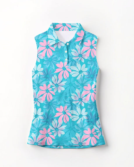 Blue sleeveless golf shirt with pink floral pattern on a white background