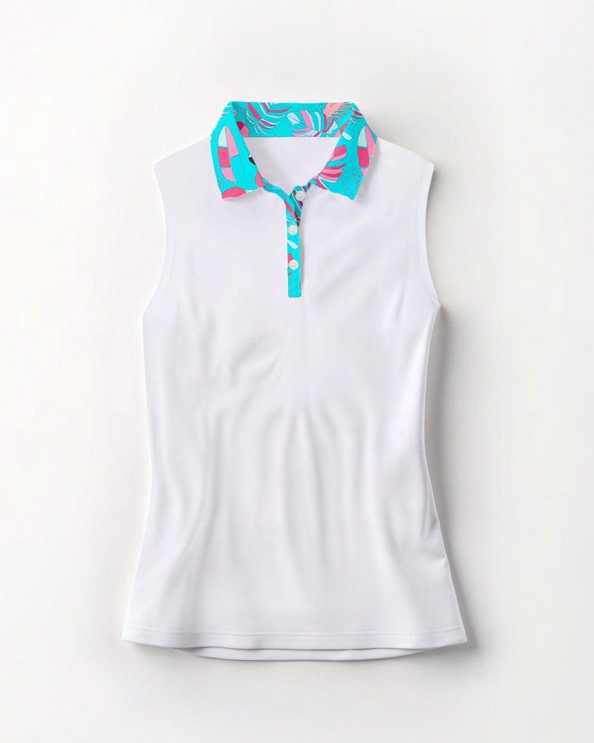 White sleeveless women's golf polo with flamingo print collar