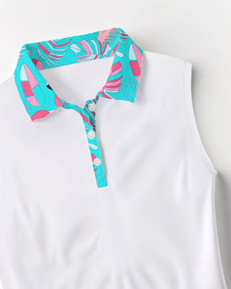 Women's sleeveless golf polo with print collar
